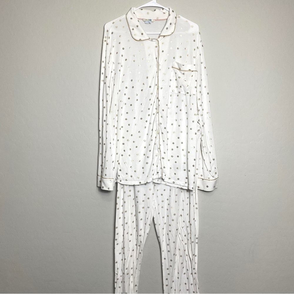 Boden Jersey Pajamas Cream Gold Polka Dot PJ Set Lounge Cozy Soft Stylish Sz XL